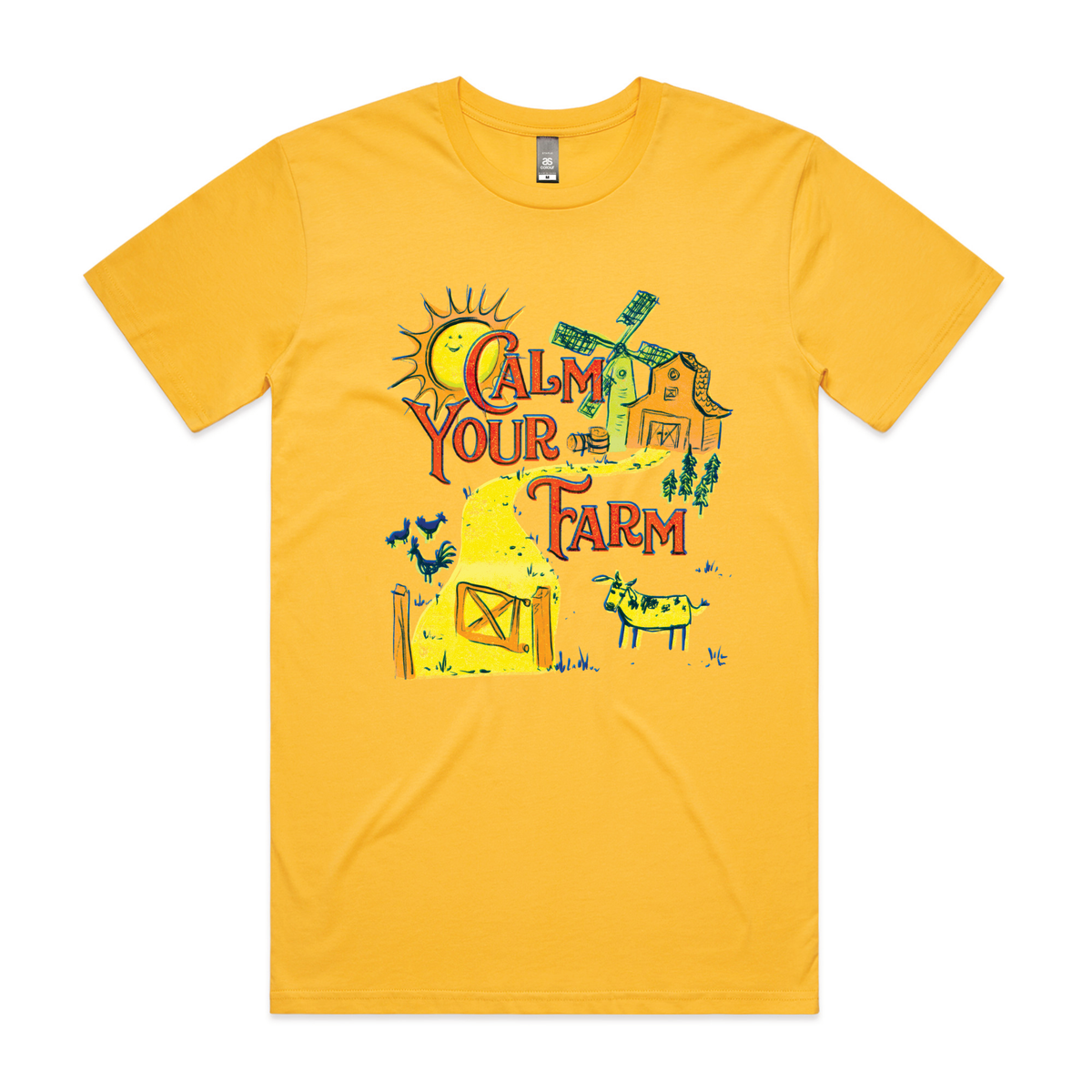 Yellow unisex t-shirt with Calm Your Farm graphic by Lonely Kids Club