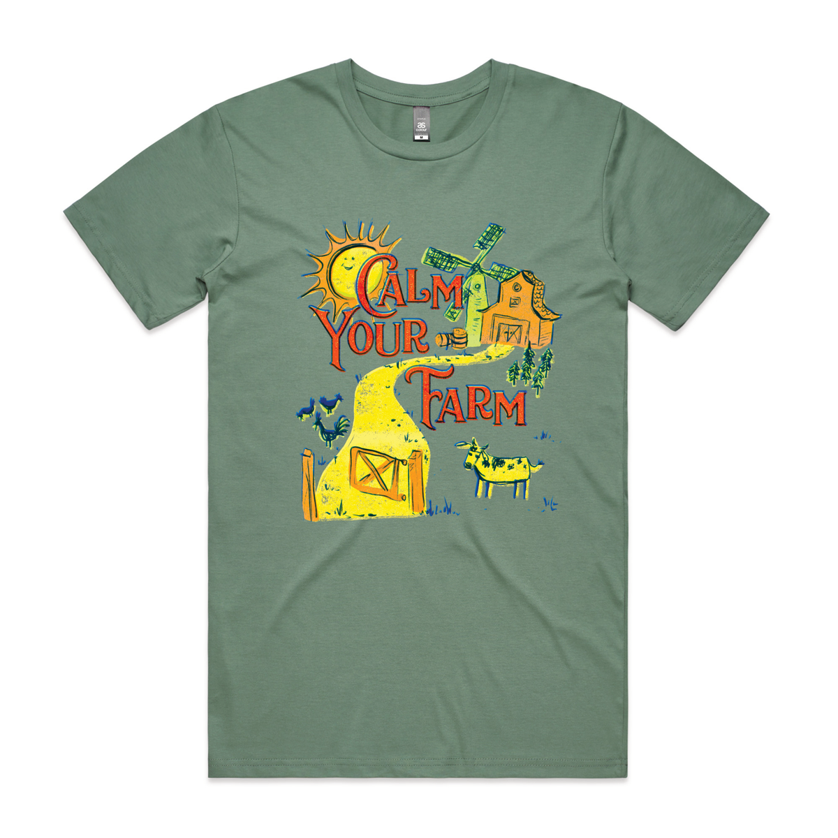 Sage unisex t-shirt with Calm Your Farm graphic by Lonely Kids Club
