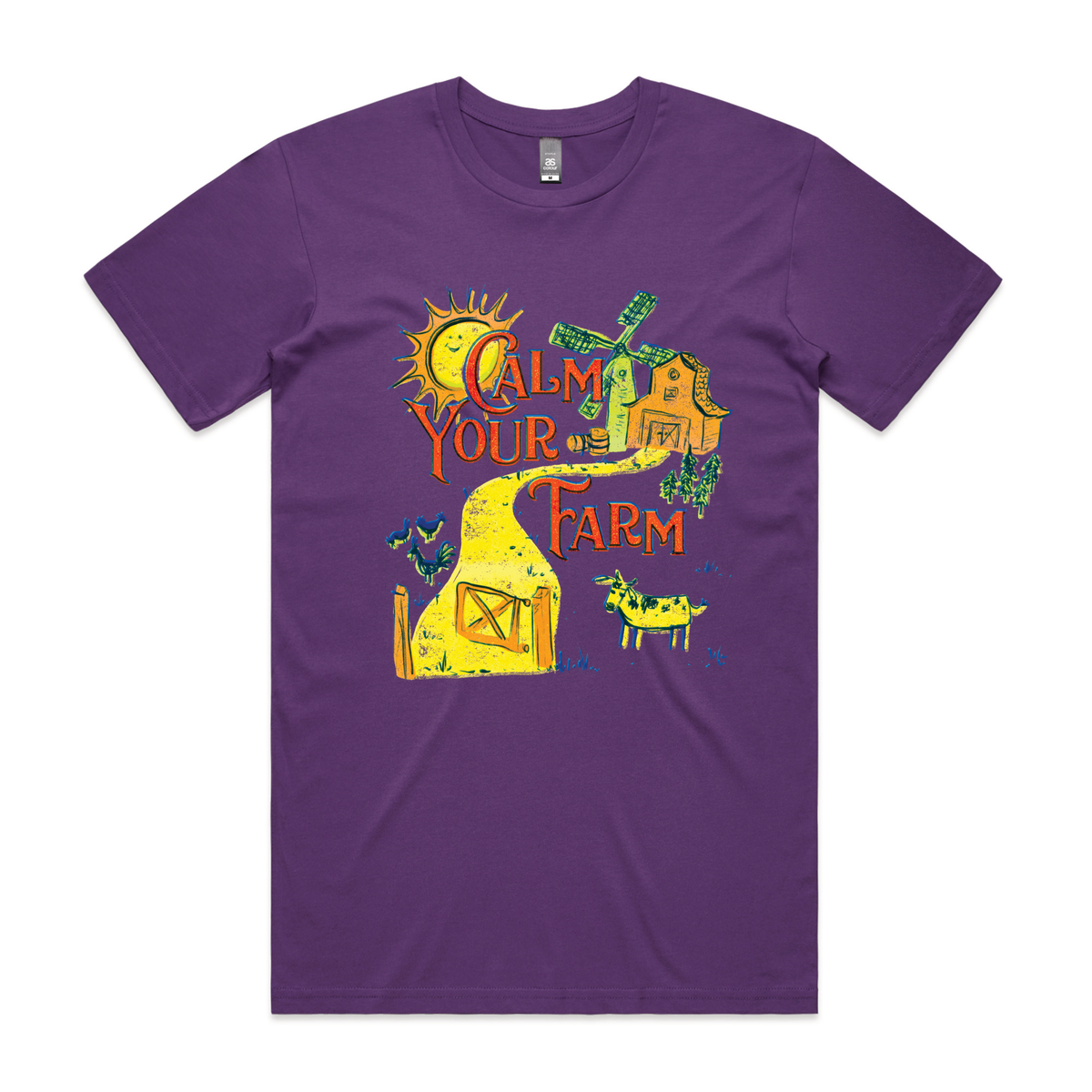 Purple unisex t-shirt with Calm Your Farm graphic by Lonely Kids Club