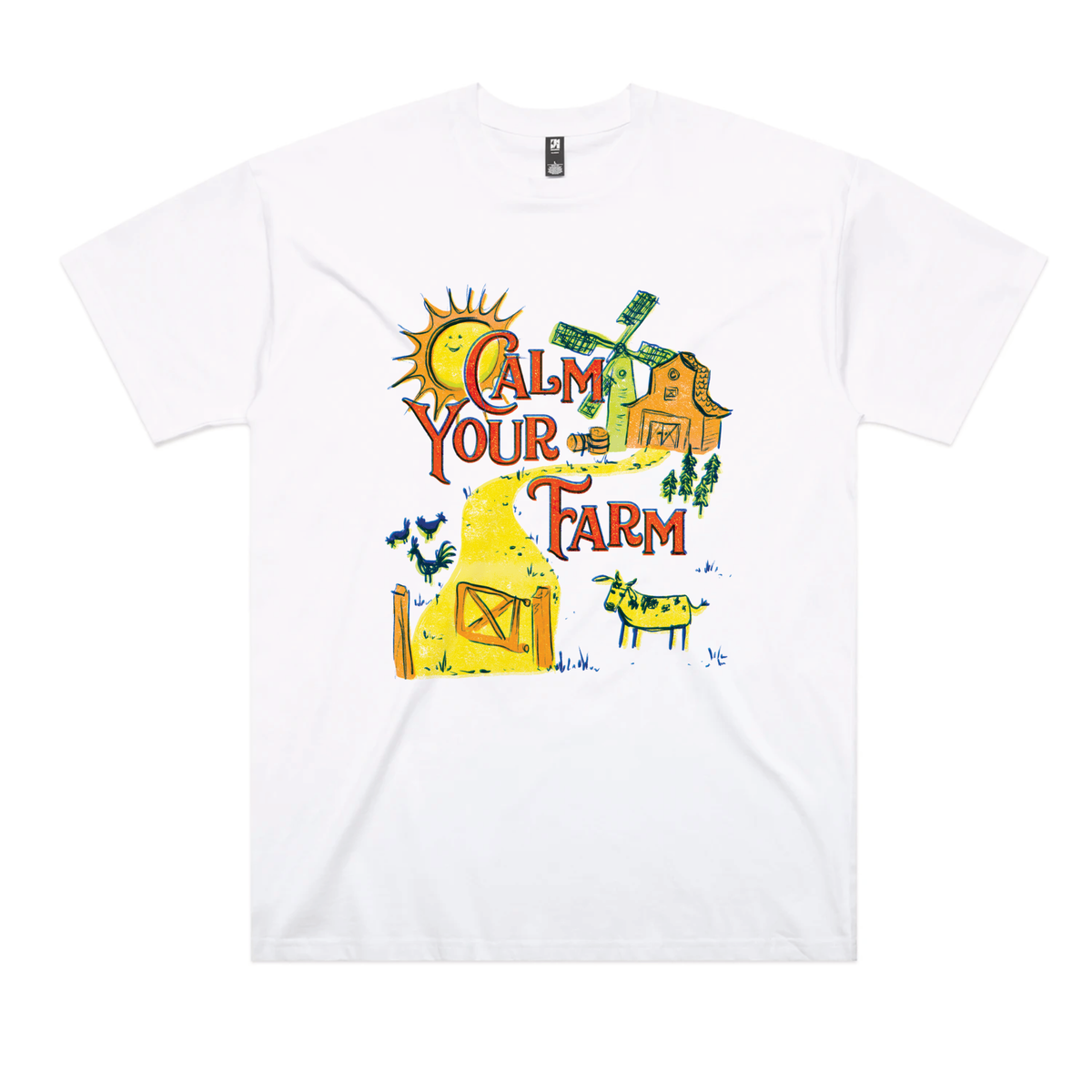 White oversized t-shirt with Calm Your Farm graphic by Lonely Kids Club
