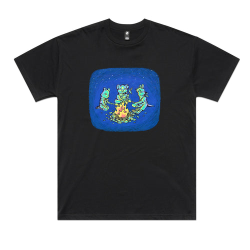 Happy Campers Tee by Lonely Kids Club. All clothing from our T-shirts to our shorts and hoodies are ethically made, and printed packed and shipped from Sydney.