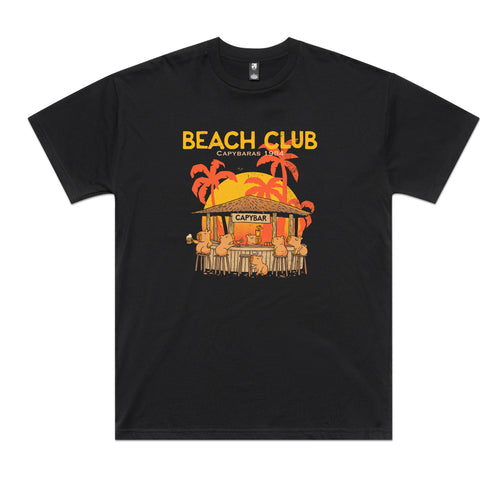 Capybara Beach House Tee by Lonely Kids Club. All clothing from our T-shirts to our shorts and hoodies are ethically made, and printed packed and shipped from Sydney.
