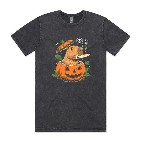 Capybara Pumpkin Tee by Lonely Kids Club. All clothing from our T-shirts to our shorts and hoodies are ethically made, and printed packed and shipped from Sydney.