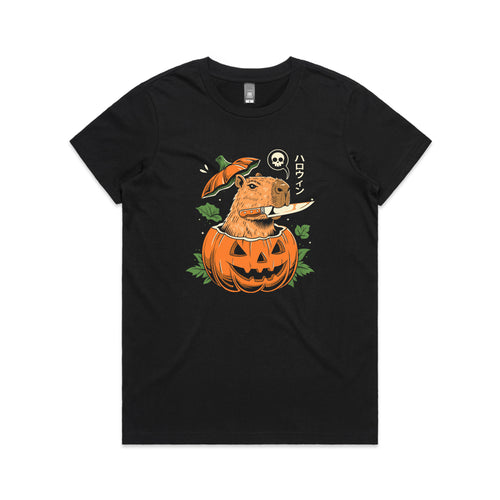Capybara Pumpkin Tee by Lonely Kids Club. All clothing from our T-shirts to our shorts and hoodies are ethically made, and printed packed and shipped from Sydney.