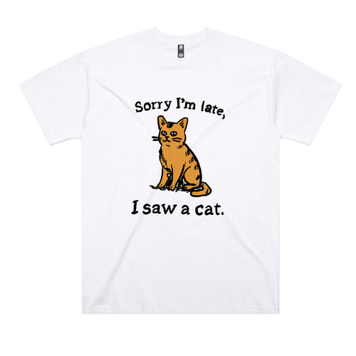 I Saw A Cat Tee by Lonely Kids Club. All clothing from our T-shirts to our shorts and hoodies are ethically made, and printed packed and shipped from Sydney.