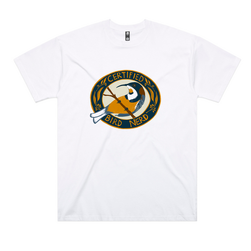 Certified Bird Nerd Tee by Lonely Kids Club. All clothing from our T-shirts to our shorts and hoodies are ethically made, and printed packed and shipped from Sydney.