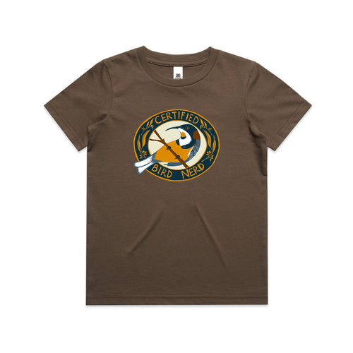 Certified Bird Nerd Kids Tee by Lonely Kids Club. All clothing from our T-shirts to our shorts and hoodies are ethically made, and printed packed and shipped from Sydney.