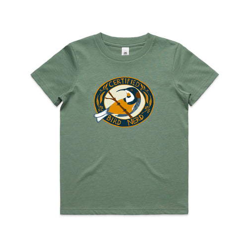 Certified Bird Nerd Kids Tee by Lonely Kids Club. All clothing from our T-shirts to our shorts and hoodies are ethically made, and printed packed and shipped from Sydney.
