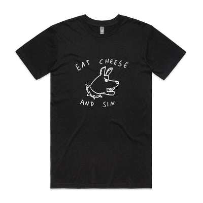 Eat Cheese And Sin Tee by Lonely Kids Club. All clothing from our T-shirts to our shorts and hoodies are ethically made, and printed packed and shipped from Sydney.