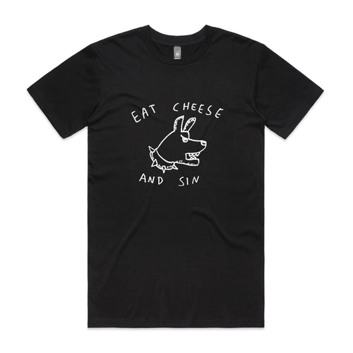 Eat Cheese And Sin Tee by Lonely Kids Club. All clothing from our T-shirts to our shorts and hoodies are ethically made, and printed packed and shipped from Sydney.