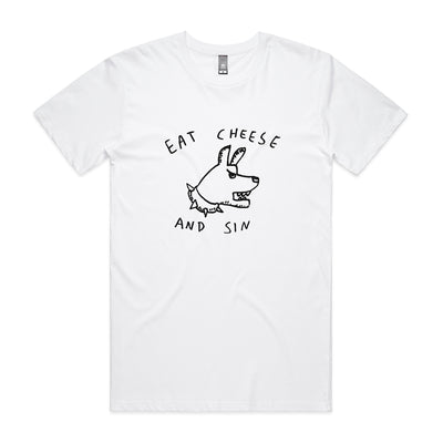 Eat Cheese And Sin Tee by Lonely Kids Club. All clothing from our T-shirts to our shorts and hoodies are ethically made, and printed packed and shipped from Sydney.
