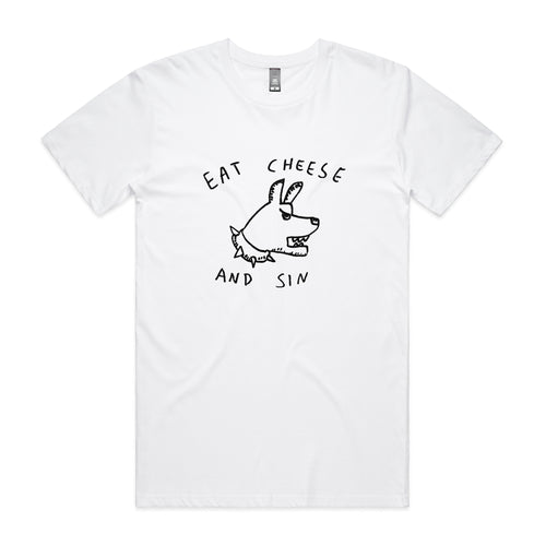 Eat Cheese And Sin Tee by Lonely Kids Club. All clothing from our T-shirts to our shorts and hoodies are ethically made, and printed packed and shipped from Sydney.