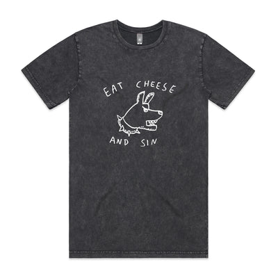 Eat Cheese And Sin Tee by Lonely Kids Club. All clothing from our T-shirts to our shorts and hoodies are ethically made, and printed packed and shipped from Sydney.