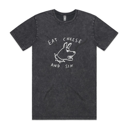 Eat Cheese And Sin Tee by Lonely Kids Club. All clothing from our T-shirts to our shorts and hoodies are ethically made, and printed packed and shipped from Sydney.