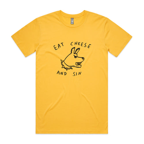 Eat Cheese And Sin Tee by Lonely Kids Club. All clothing from our T-shirts to our shorts and hoodies are ethically made, and printed packed and shipped from Sydney.