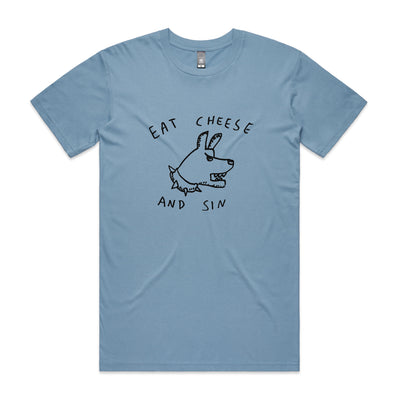 Eat Cheese And Sin Tee by Lonely Kids Club. All clothing from our T-shirts to our shorts and hoodies are ethically made, and printed packed and shipped from Sydney.