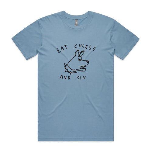 Eat Cheese And Sin Tee by Lonely Kids Club. All clothing from our T-shirts to our shorts and hoodies are ethically made, and printed packed and shipped from Sydney.