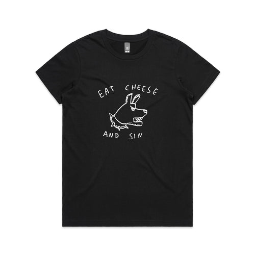 Eat Cheese And Sin Tee by Lonely Kids Club. All clothing from our T-shirts to our shorts and hoodies are ethically made, and printed packed and shipped from Sydney.