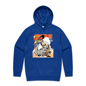 Chicken Bin Attack Hoodie by Lonely Kids Club. All clothing from our T-shirts to our shorts and hoodies are ethically made, and printed packed and shipped from Sydney.