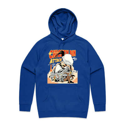 Chicken Bin Attack Hoodie by Lonely Kids Club. All clothing from our T-shirts to our shorts and hoodies are ethically made, and printed packed and shipped from Sydney.