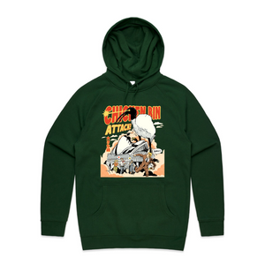Chicken Bin Attack Hoodie by Lonely Kids Club. All clothing from our T-shirts to our shorts and hoodies are ethically made, and printed packed and shipped from Sydney.