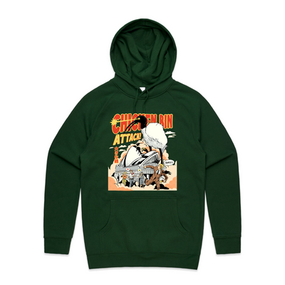 Chicken Bin Attack Hoodie by Lonely Kids Club. All clothing from our T-shirts to our shorts and hoodies are ethically made, and printed packed and shipped from Sydney.