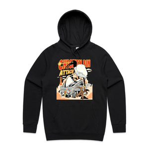 Chicken Bin Attack Hoodie by Lonely Kids Club. All clothing from our T-shirts to our shorts and hoodies are ethically made, and printed packed and shipped from Sydney.