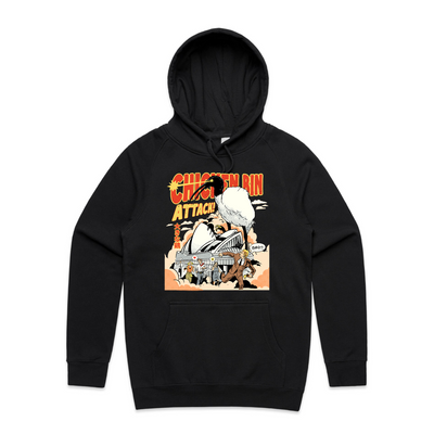 Chicken Bin Attack Hoodie by Lonely Kids Club. All clothing from our T-shirts to our shorts and hoodies are ethically made, and printed packed and shipped from Sydney.