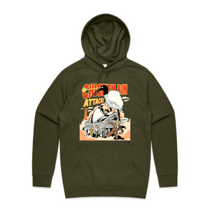 Chicken Bin Attack Hoodie by Lonely Kids Club. All clothing from our T-shirts to our shorts and hoodies are ethically made, and printed packed and shipped from Sydney.