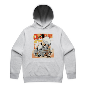 Chicken Bin Attack Hoodie by Lonely Kids Club. All clothing from our T-shirts to our shorts and hoodies are ethically made, and printed packed and shipped from Sydney.