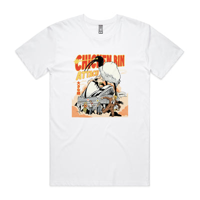 Chicken Bin Attack Tee by Lonely Kids Club. All clothing from our T-shirts to our shorts and hoodies are ethically made, and printed packed and shipped from Sydney.
