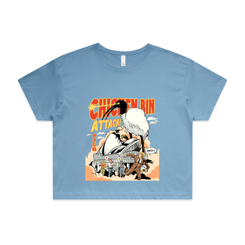Chicken Bin Attack Tee by Lonely Kids Club. All clothing from our T-shirts to our shorts and hoodies are ethically made, and printed packed and shipped from Sydney.
