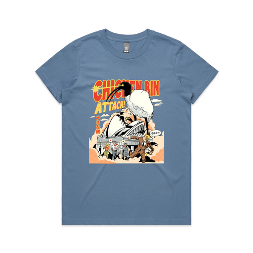 Chicken Bin Attack Tee by Lonely Kids Club. All clothing from our T-shirts to our shorts and hoodies are ethically made, and printed packed and shipped from Sydney.