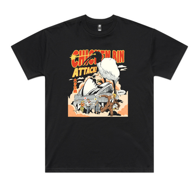 Chicken Bin Attack Oversized Tee by Lonely Kids Club. All clothing from our T-shirts to our shorts and hoodies are ethically made, and printed packed and shipped from Sydney.