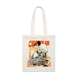 Chicken Bin Attack Tote by Lonely Kids Club. All clothing from our T-shirts to our shorts and hoodies are ethically made, and printed packed and shipped from Sydney.