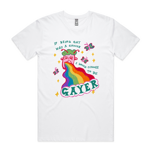 Choose To Be Gayer Tee by Lonely Kids Club. All clothing from our T-shirts to our shorts and hoodies are ethically made, and printed packed and shipped from Sydney.