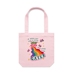Choose To Be Gayer Tote by Lonely Kids Club. All clothing from our T-shirts to our shorts and hoodies are ethically made, and printed packed and shipped from Sydney.