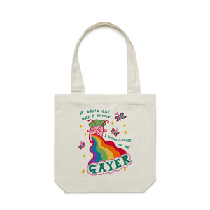 Choose To Be Gayer Tote by Lonely Kids Club. All clothing from our T-shirts to our shorts and hoodies are ethically made, and printed packed and shipped from Sydney.