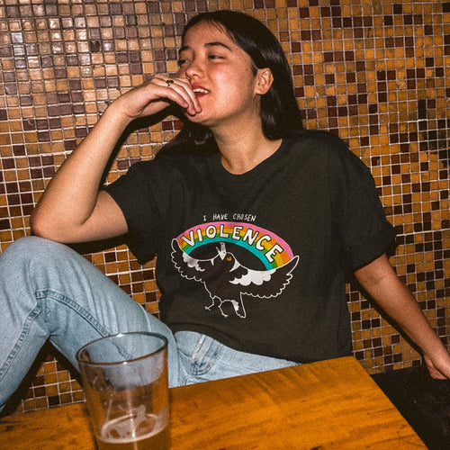 Chosen Violence Tee by Lonely Kids Club. All clothing from our T-shirts to our shorts and hoodies are ethically made, and printed packed and shipped from Sydney.