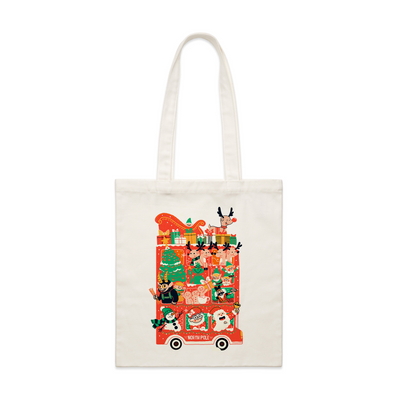Christmas Bus Tote by Lonely Kids Club. All clothing from our T-shirts to our shorts and hoodies are ethically made, and printed packed and shipped from Sydney.