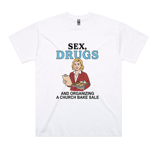 Church Bake Sale Tee by Lonely Kids Club. All clothing from our T-shirts to our shorts and hoodies are ethically made, and printed packed and shipped from Sydney.