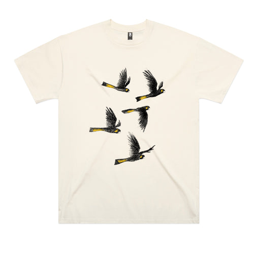 Yellow Tailed Black Cockatoos Tee by Lonely Kids Club. All clothing from our T-shirts to our shorts and hoodies are ethically made, and printed packed and shipped from Sydney.