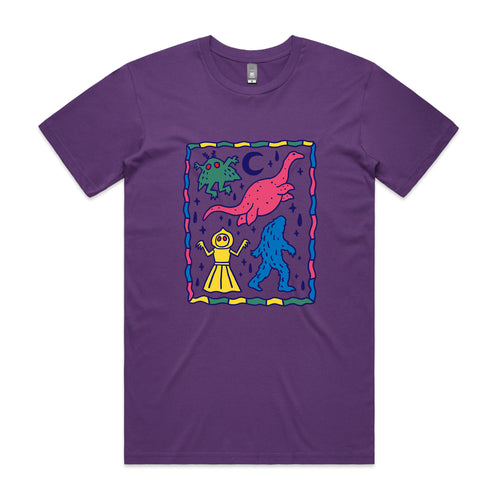 Colourful Cryptids Tee by Lonely Kids Club. All clothing from our T-shirts to our shorts and hoodies are ethically made, and printed packed and shipped from Sydney.