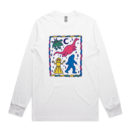 Colourful Cryptids Tee by Lonely Kids Club. All clothing from our T-shirts to our shorts and hoodies are ethically made, and printed packed and shipped from Sydney.