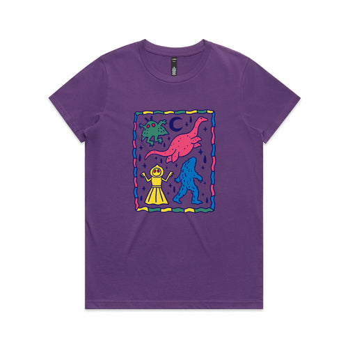 Colourful Cryptids Tee by Lonely Kids Club. All clothing from our T-shirts to our shorts and hoodies are ethically made, and printed packed and shipped from Sydney.