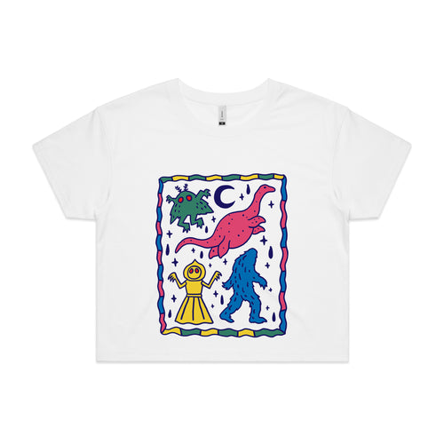 Colourful Cryptids Tee by Lonely Kids Club. All clothing from our T-shirts to our shorts and hoodies are ethically made, and printed packed and shipped from Sydney.