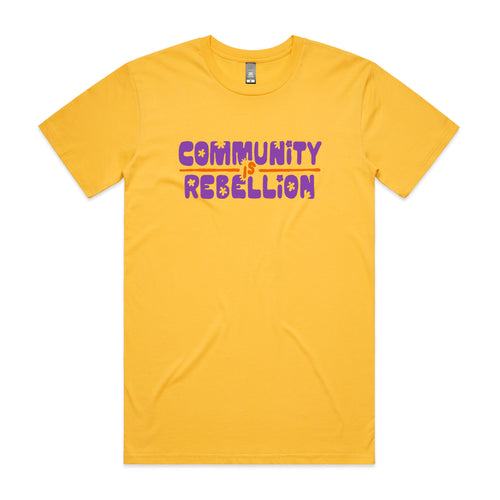 Community Is Rebellion Tee by Lonely Kids Club. All clothing from our T-shirts to our shorts and hoodies are ethically made, and printed packed and shipped from Sydney.