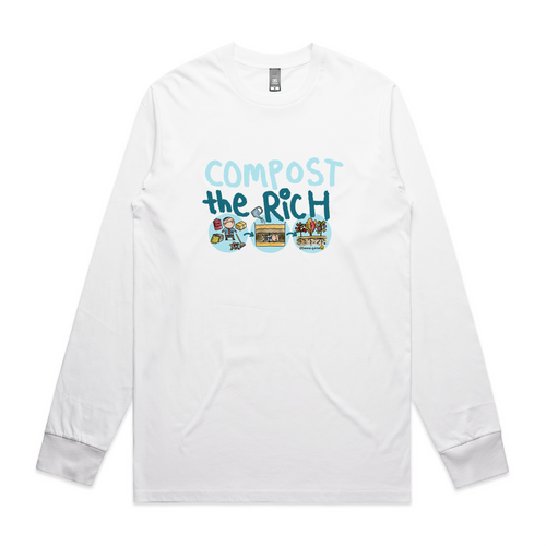 Compost The Rich Tee by Lonely Kids Club. All clothing from our T-shirts to our shorts and hoodies are ethically made, and printed packed and shipped from Sydney.