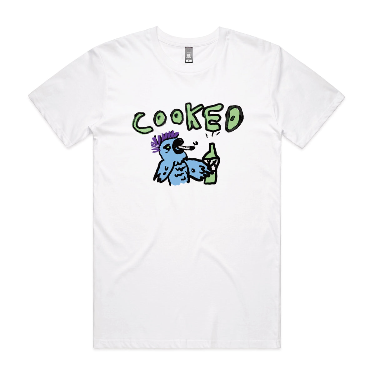White unisex t-shirt with Cooked Cockatoo graphic by Lonely Kids Club