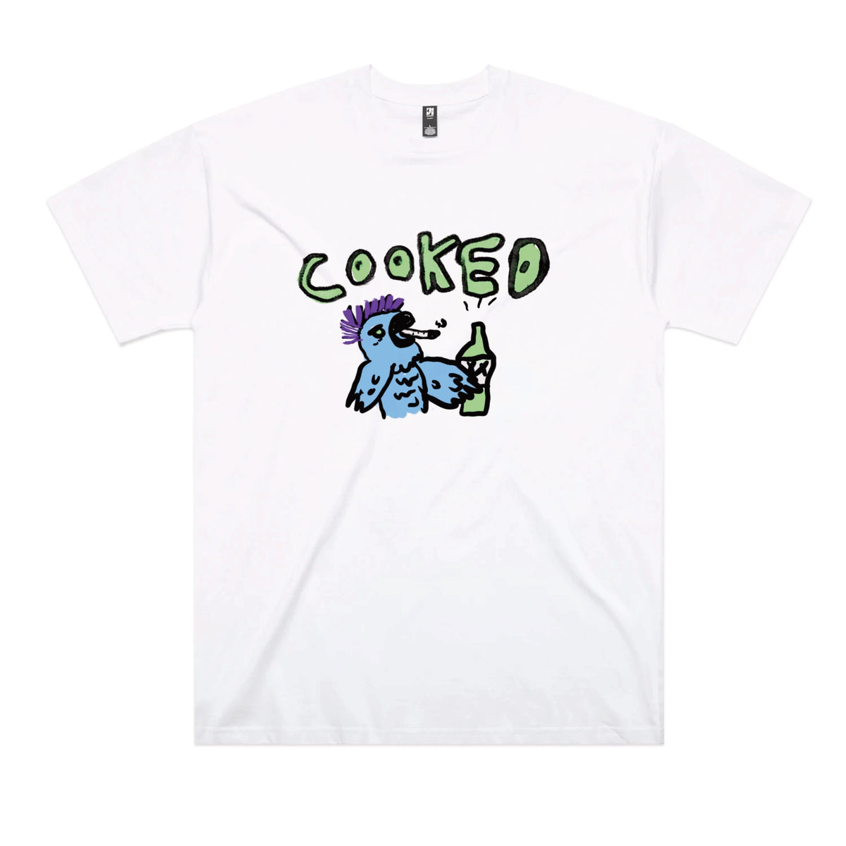 White oversized t-shirt with Cooked Cockatoo graphic by Lonely Kids Club
